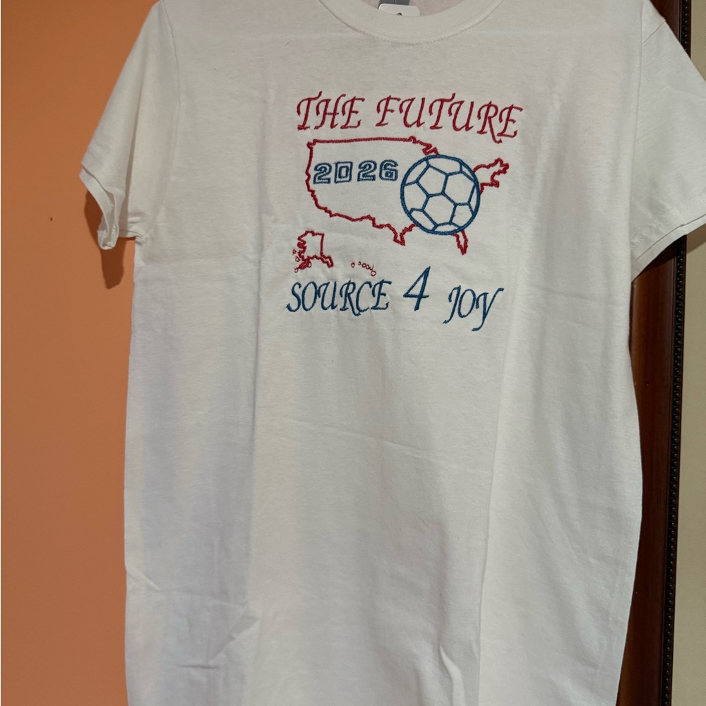 Gildan White Tee with Red and Blue Graphic Soccer 2026